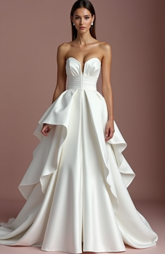 Chic White Princess Bridal Gown with a Sculpted Bodice and Layered Skirt