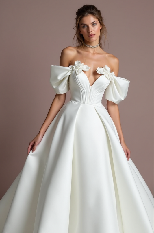 Elegant White Princess Wedding Dress with an Illusion Neckline and Sparkling Details