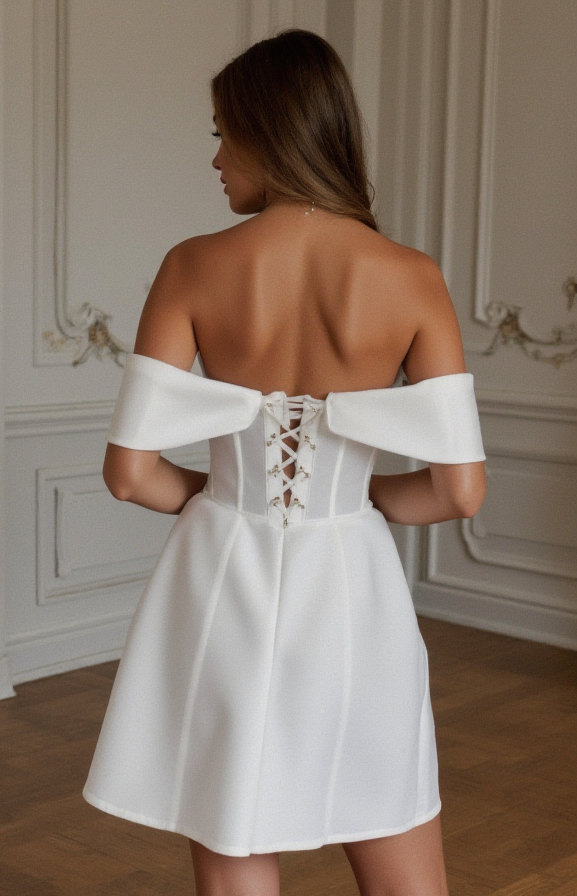 Short Wedding Dress and Mini Dress with Lace Details for a Chic Bridal Look
