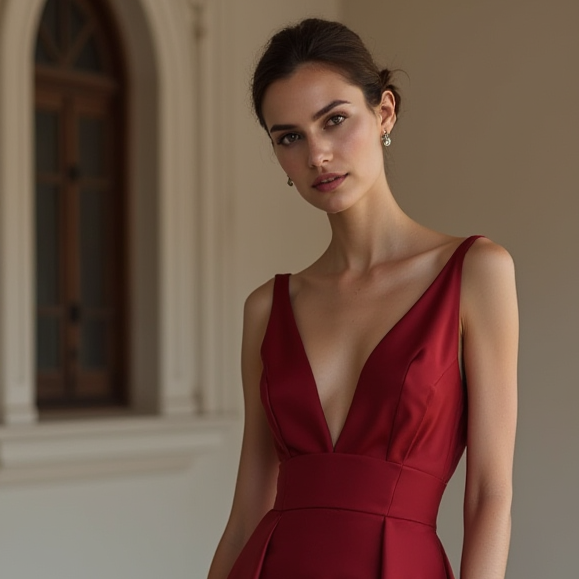 Bold Red Evening Dress & Prom Dress with Glitter Mesh and Sculpted Silhouette