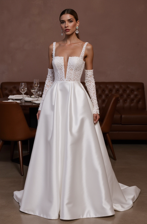 Elegant A-Line Gown with a Beaded Bodice for a Sparkling Bridal Look