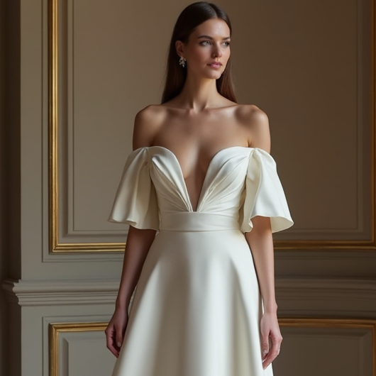 Elegant White A-Line Gown with Off-the-Shoulder Sleeves for a Romantic Touch