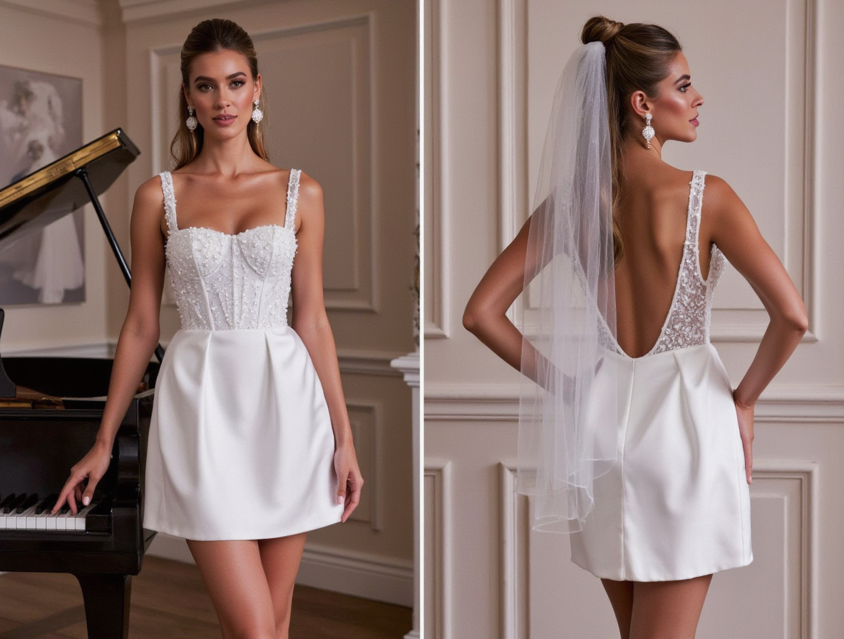 Elegant Short Wedding Dress and Mini Dress with a Fitted Bodice for a Sleek Look
