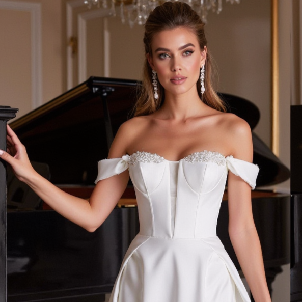 Stylish Short Wedding Dress and Mini Dress with Off-the-Shoulder Sleeves