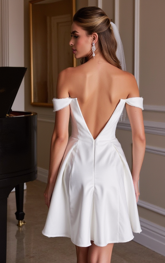 Stylish Short Wedding Dress and Mini Dress with Off-the-Shoulder Sleeves
