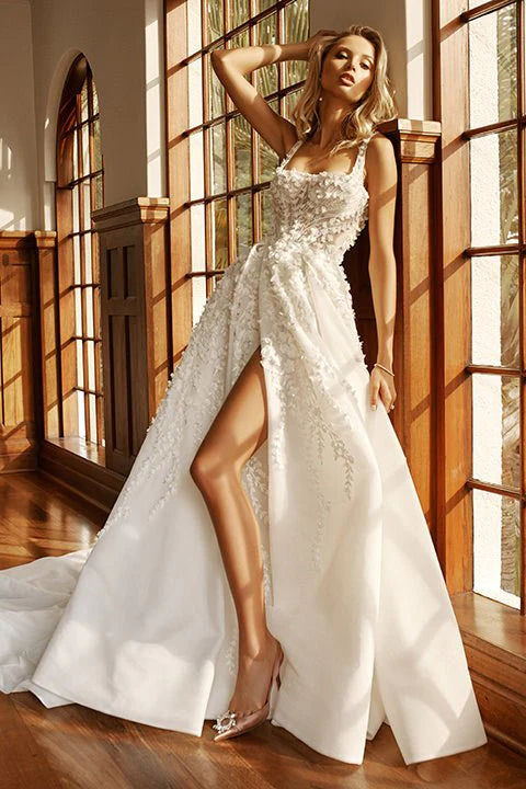 Semplice spalla senza spalla a una linea abiti da sposa spalline cinghie quadrate collare sexy abiti da sposa laterale a fessura personalizzati personalizzati