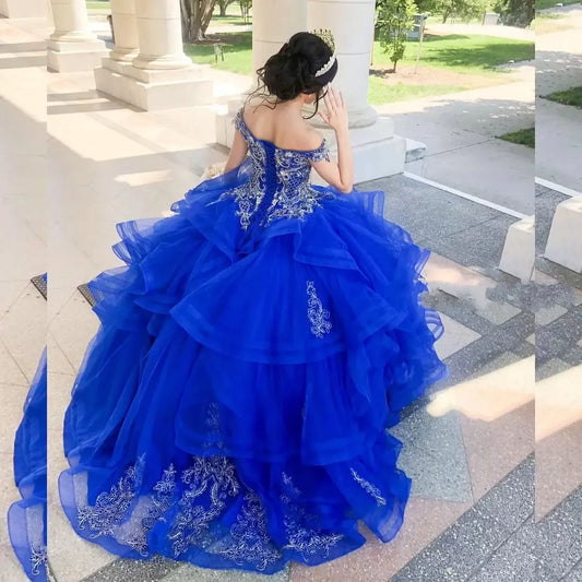 Vestidos de quinceañera con hombros descubiertos en azul real, vestido de princesa para fiesta de 15 años, apliques de moda de tul para ocasiones especiales