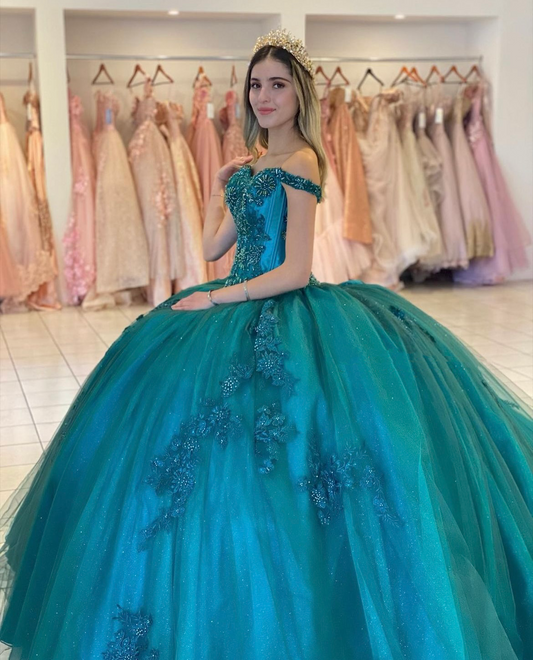 Green Luxury Quinceanera Dresses Off Shoulder 3D Flower Lace Formal Birthday Party Ball Gown Vestidos de 15 años