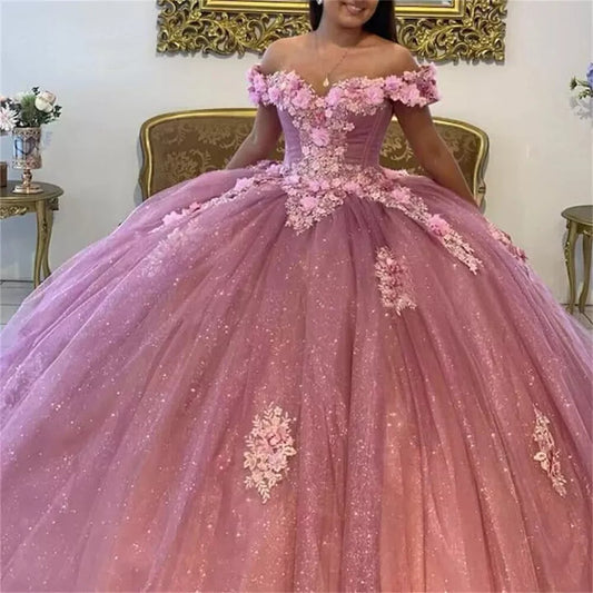 Glittering Off-Shoulder Quinceanera Dress Flower Appliques Ball Gown Vestidos De 15 Birthday Party Gowns Corset