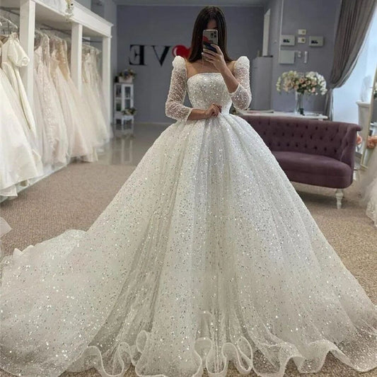 A-line Long Sleeves Wedding Dresses Strapless Sequin Bridal Gown Floor Length Bride Dress for Women Vestidos De Novia