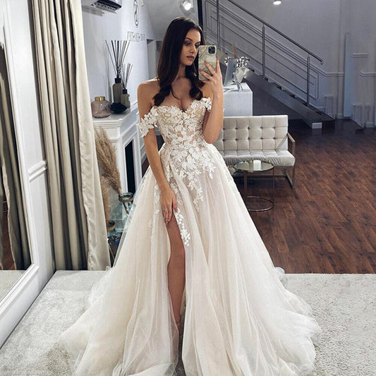 Exquisite Sweetheart Bride Dresses Off Shoulder Appliqued Boho Wedding Gown High Side Slit Formal Robe De Mariée