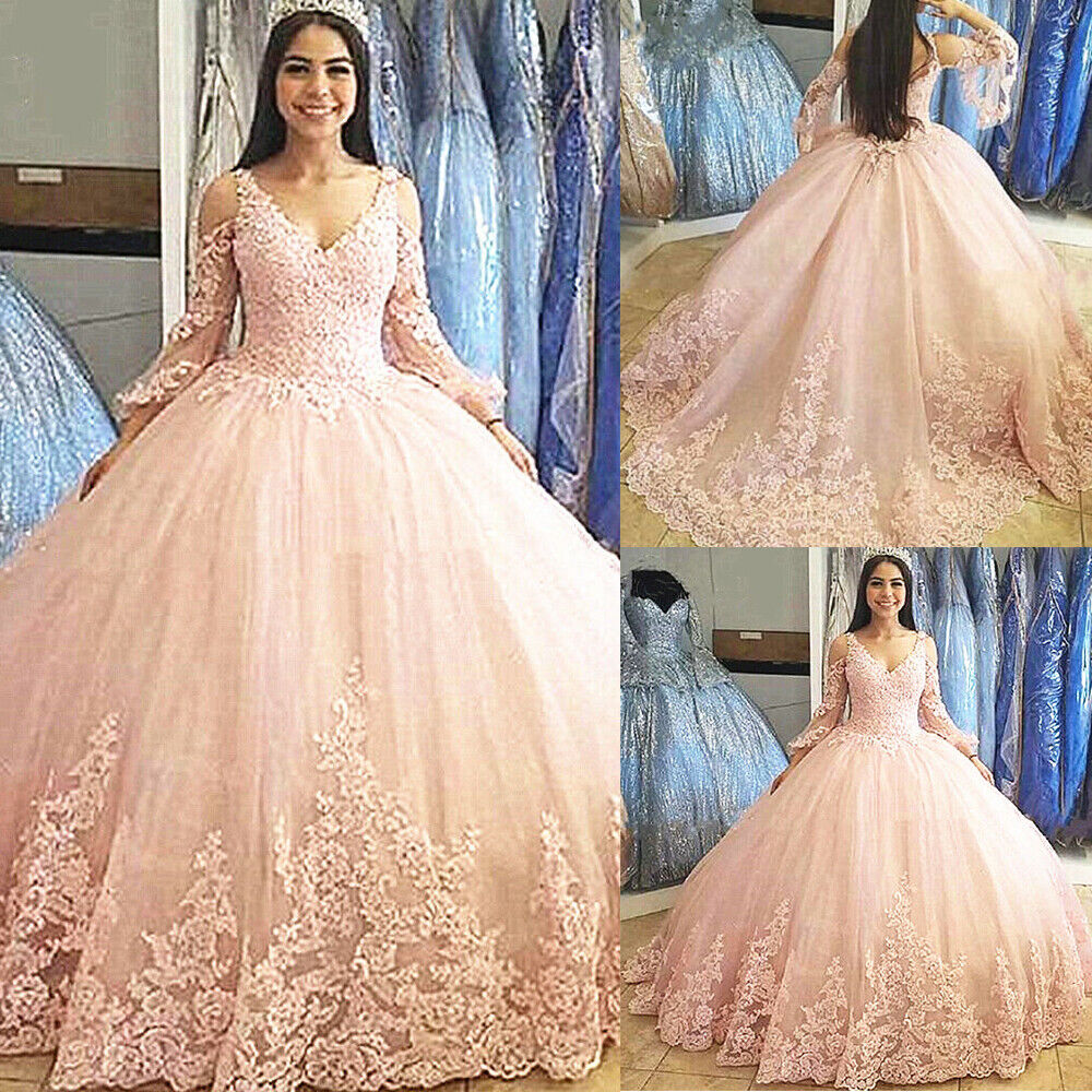 Vestido de fiesta de tul de manga larga, vestidos de quinceañera para fiesta de 15, apliques de moda, vestidos de cumpleaños de princesa Cenicienta hasta el suelo