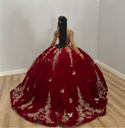 Vestidos de quinceañera de satén burdeos, apliques de mariposa y flores doradas, vestido de fiesta de cumpleaños de princesa, Vestidos de 15 años