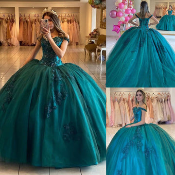 Vestidos de quinceañera de lujo verdes con hombros descubiertos, encaje de flores 3D, vestido Formal de fiesta de cumpleaños, Vestidos de 15 años