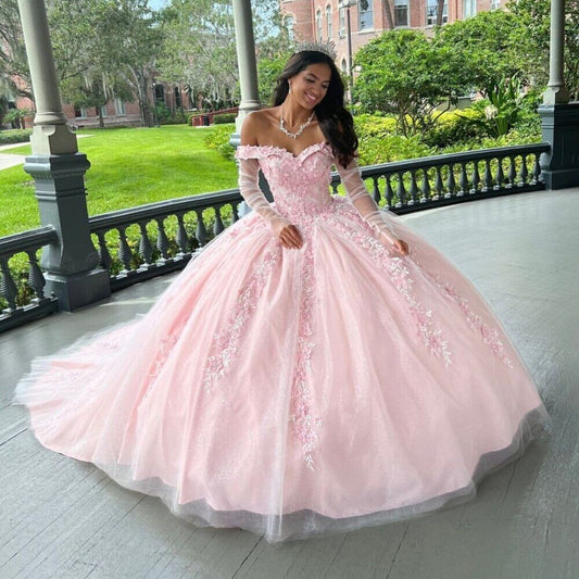 Pink Floral Quinceanera Dresses Ball Gown Luxury Court Train Formal 15 Years Birthday Parrty Princess Gowns Corset