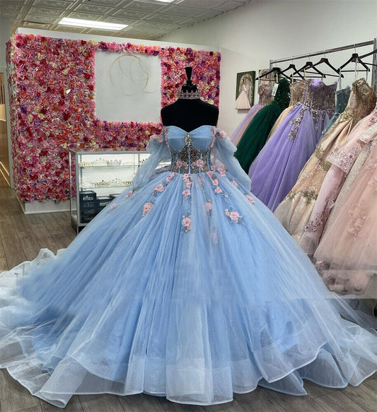 Glittering Blue Quinceanera Dresses Crystals 3D Flowers Off Shoulder Long Sleeves Beading Vestidos De 15 Anos Party