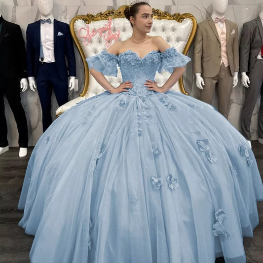 Vestidos De quinceañera De flores azules, apliques florales con cuentas 3D, Vestidos De 15 Años, vestido De fiesta De cumpleaños De princesa