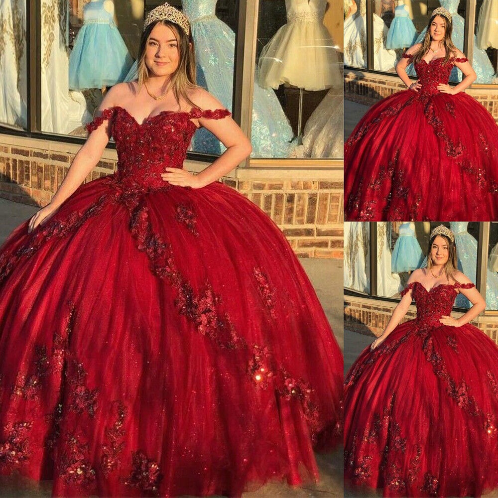 Luxury Shiny Burgundy Quinceanera Dresses Vestidos De 15 Anos Off-Shoulder 3D Flower Applique Formal Princess Gown