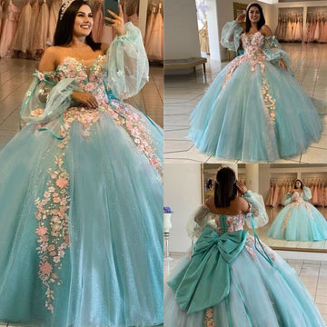 Glittering Quinceanera Dresses With Bow 3D Flower Lace Sleeves Vestidos De 15 Anos Formal Princess Birthday Party