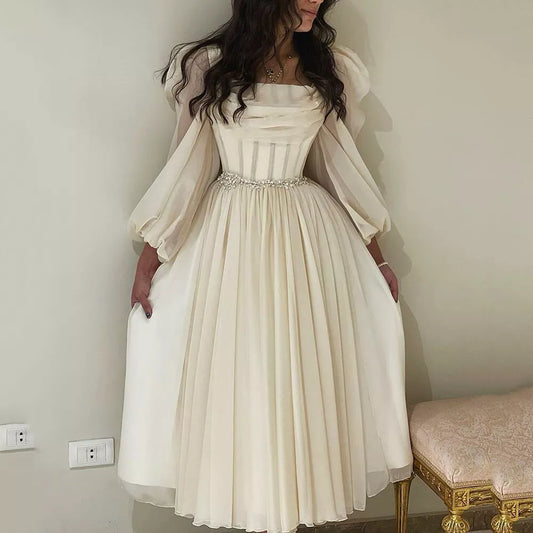 Ivory Long Sleeve Chiffon Short Prom Dresses Pleats Fitted Bones Beaded Formal Party Women Gowns Dubai Evening Dress