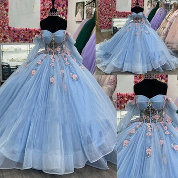 Vestidos De quinceañera azules brillantes, cristales, flores 3D, hombros descubiertos, mangas largas, Vestidos con cuentas, fiesta De 15 anos