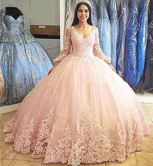 Vestido de fiesta de tul de manga larga, vestidos de quinceañera para fiesta de 15, apliques de moda, vestidos de cumpleaños de princesa Cenicienta hasta el suelo