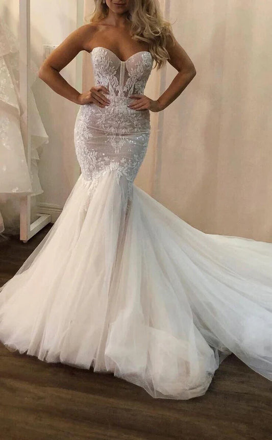 Vestido de novia de encaje de sirena con hombros descubiertos, sin mangas, estilo bohemio, de princesa, elegante, para fiesta, con tul esponjoso