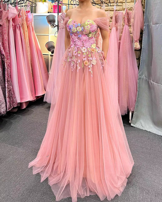 Fairy Pink Prom Dress Tulle Off The Shoulder 3D Flowers A-Line Ruched Party Growns Princess Floor Length Abendkleider