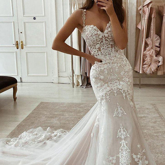 Ivory Mermaid Wedding Dresses Lace Appliques Tulle Bridal Gowns with Court Train Sweetheart Straps Vintage Wedding Gowns