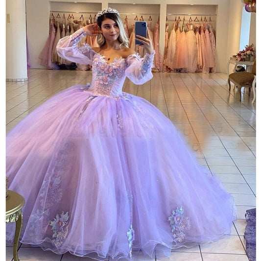 Lilac Quinceanera Dress Puffy Off-Shoulder Sleeves 3D Flowers Vestidos De 15 Anos Formal Party Prom Ball Gown