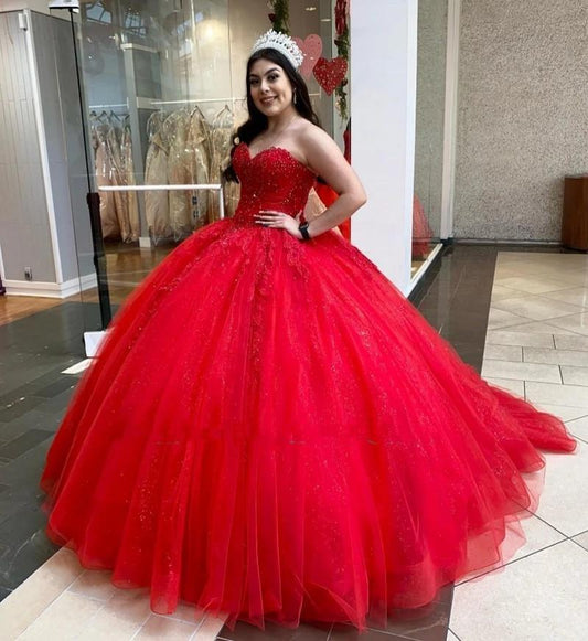 Red Shiny Ball Gown Quinceanera Dresses Vestidos De 15 Años Corset Back Floor Length Luxury Princess Birthday Party