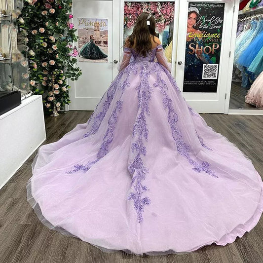 Vestidos De quinceañera lila con hombros descubiertos, Mangas largas con cuentas, Vestidos De encaje, fiesta De cumpleaños De 15 años, vestido De baile De graduación