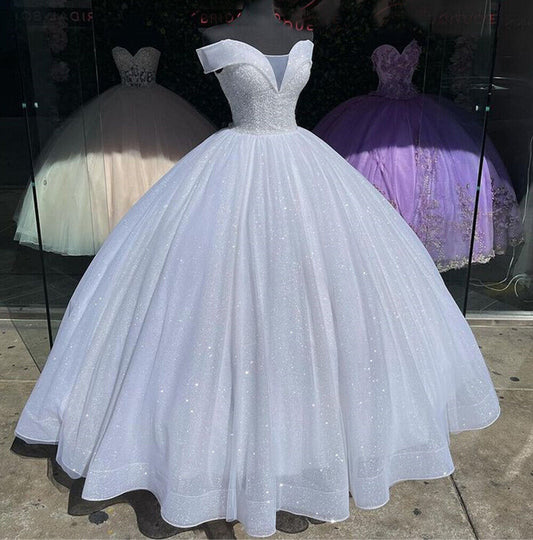 Vestidos De quinceañera con hombros descubiertos, Vestidos De 15 años, falda con cuentas brillantes, Vestidos De fiesta De princesa con purpurina, oferta