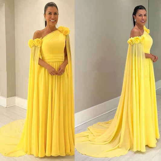 Elegante vestido de fiesta de gasa amarillo Una línea de un hombro con flores Vestido de noche hasta el suelo batas de velada