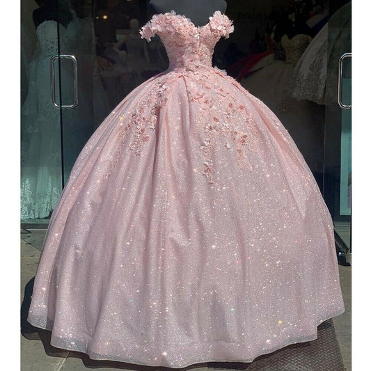 Pink Flower Ball Gown Quinceanera Dresses Off-Shoulder Sleeves Beading Appliques Princess Birthday Gowns Corset