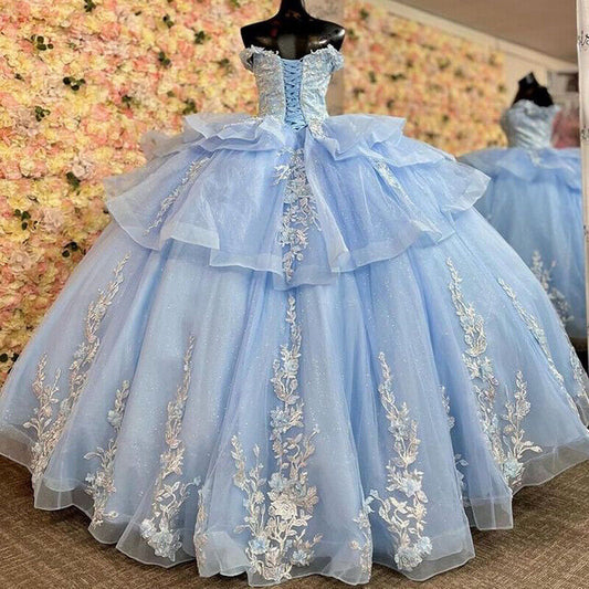 Vestido De quinceañera azul claro brillante con volantes y hombros descubiertos Vestidos De noche Vestidos De 15 años