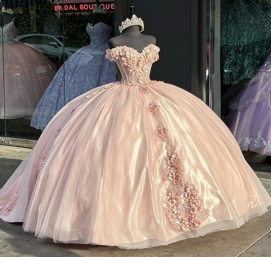 Glitter Pink Off-Shoulder Quinceanera Dresses 3D Flowers Appliques Vestidos De 15 Anos Birthday Party Prom Princess