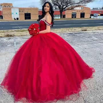 Sweetheart Ball Gown Quinceanera Dresses Vestidos De 15 Anos Fashion Crystal Off-Shoulder Birthday Party Gowns