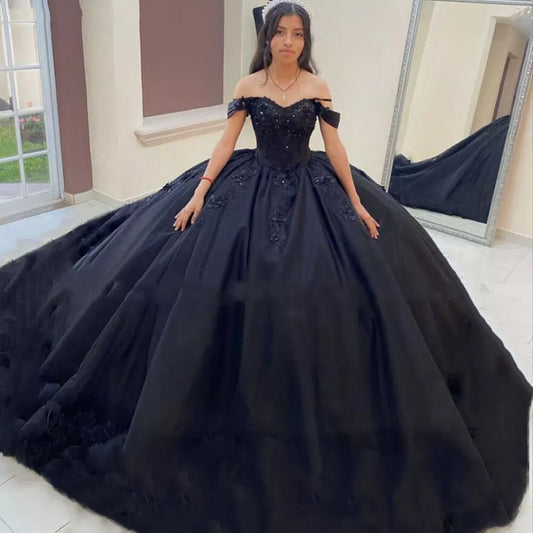 Black Quinceanera Dresses 3D Flower Beading Lace Ruffles Pleat Tulle Vestidos De 15 Anos Birthday Party Prom Corset