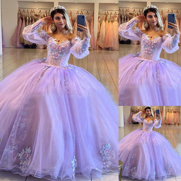 Lilac Quinceanera Dress Puffy Off-Shoulder Sleeves 3D Flowers Vestidos De 15 Anos Formal Party Prom Ball Gown