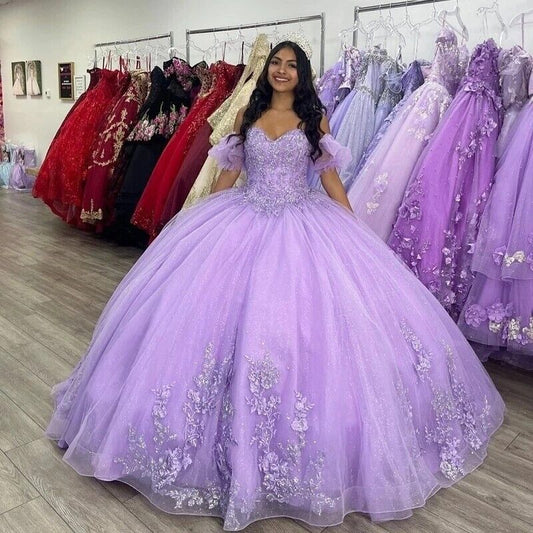 Vestidos De quinceañera lila brillantes, Vestidos De Años con cuentas florales, Vestidos De fiesta De cumpleaños De princesa, corsé