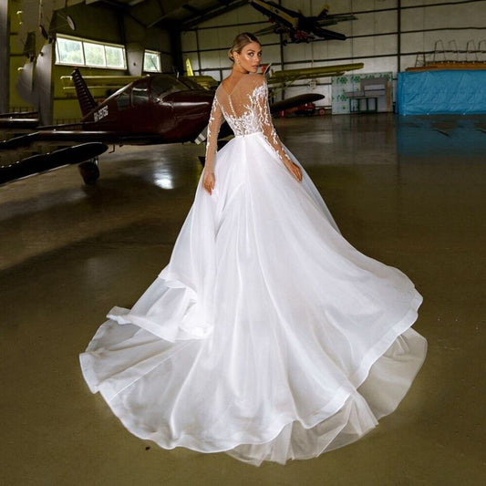 Sheer Neck with Heavy Crystals Long Sleeves White Wedding Dress Organza and Tulle A-line Bling Bridal Dress