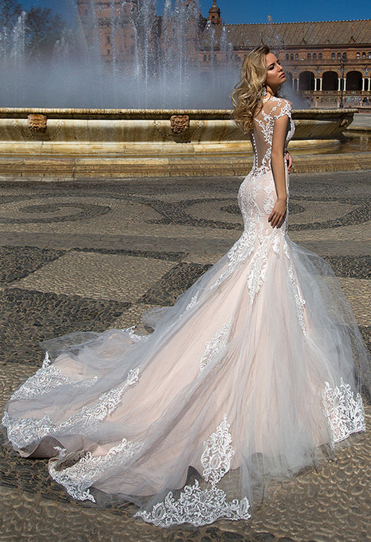 Exquisite Mermaid Wedding Dress with Cap Sleeves, Illusion Neckline & Flattering Natural Waistline for a Timeless Bridal Elegance