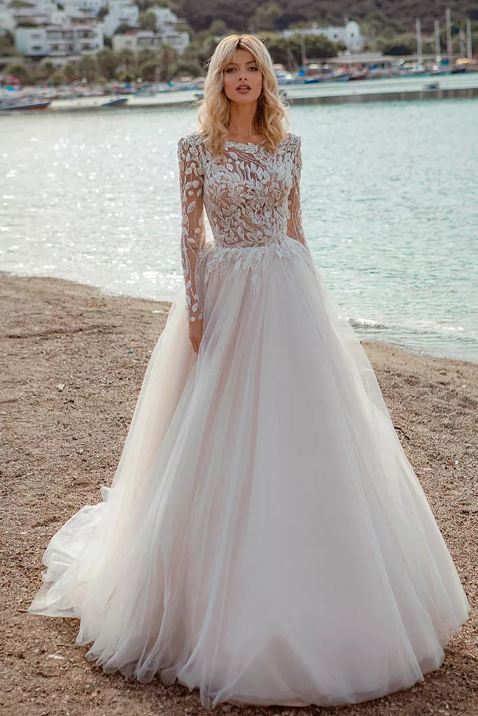 Timeless A-Line Wedding Gown with Elegant Long Sleeves, a Graceful Boat Neckline, and a Flattering Natural Waistline for a Romantic and Sophisticated Bridal Look