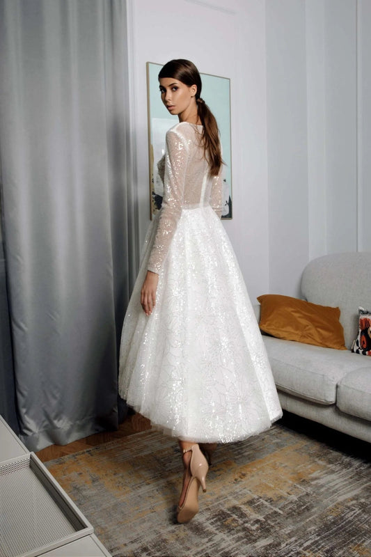 Short Beach Wedding Dress with Long Sleeves, V-Neckline, and Delicate Lace Embellishments