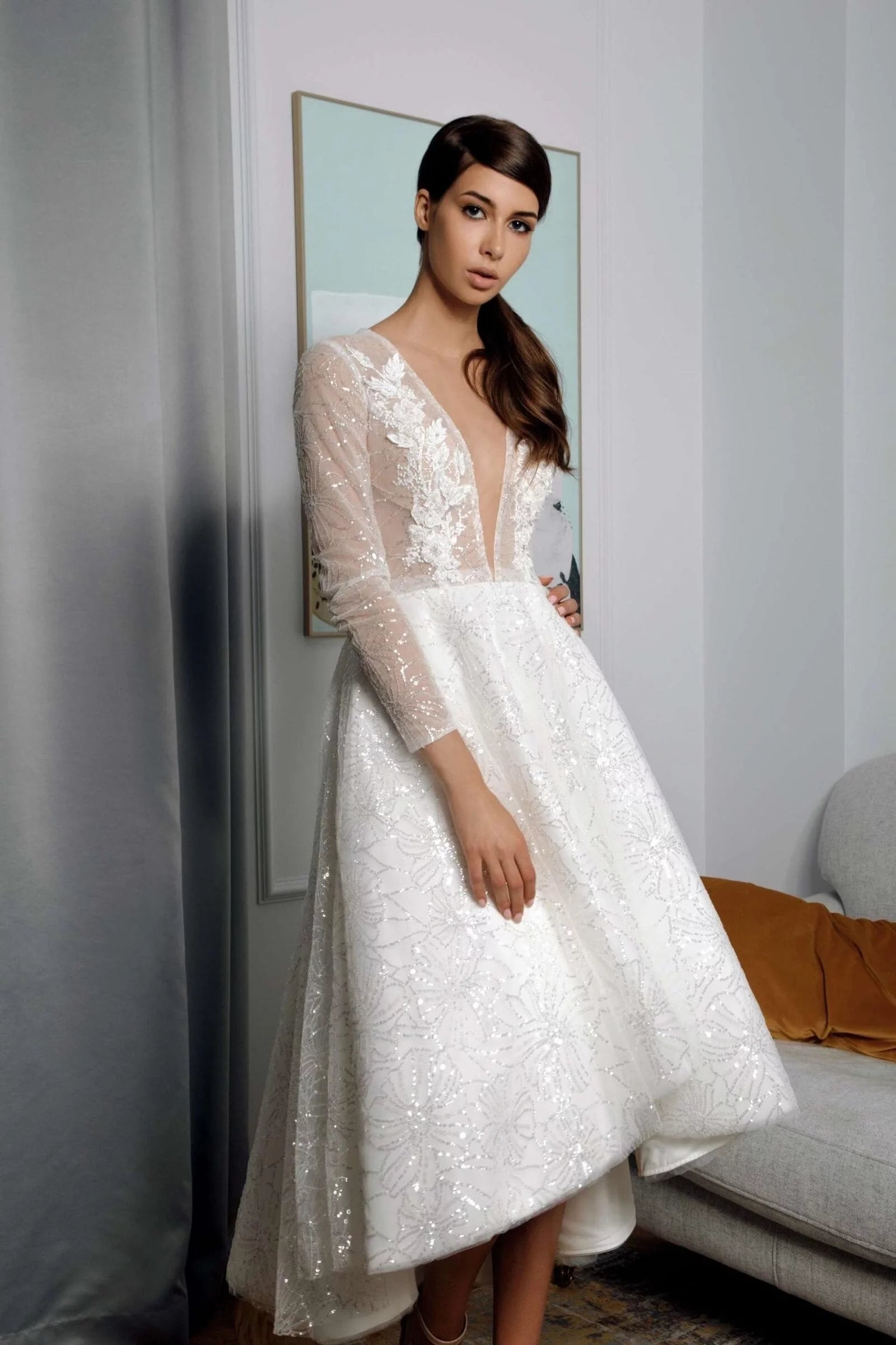 Short Beach Wedding Dress with Long Sleeves, V-Neckline, and Delicate Lace Embellishments