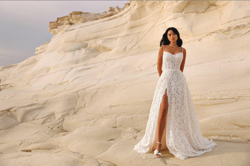 Beautiful Spaghetti Straps Wedding Dress with Lace Embellishments and a Sophisticated Slit Perfect for Brides Dresses