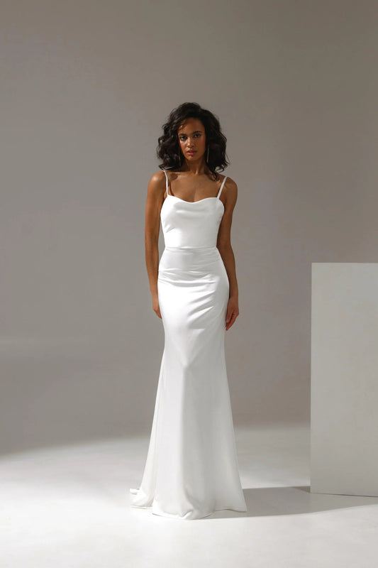 Satin Wedding Dress Sheath Silhouette Spaghetti Straps Square Neckline Natural Waist - Camilla's