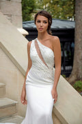 Sophisticated Minimalist Mermaid Wedding Dress with Asymmetric Neckline, Delicate Straps, and Elegant Lace Embellishments