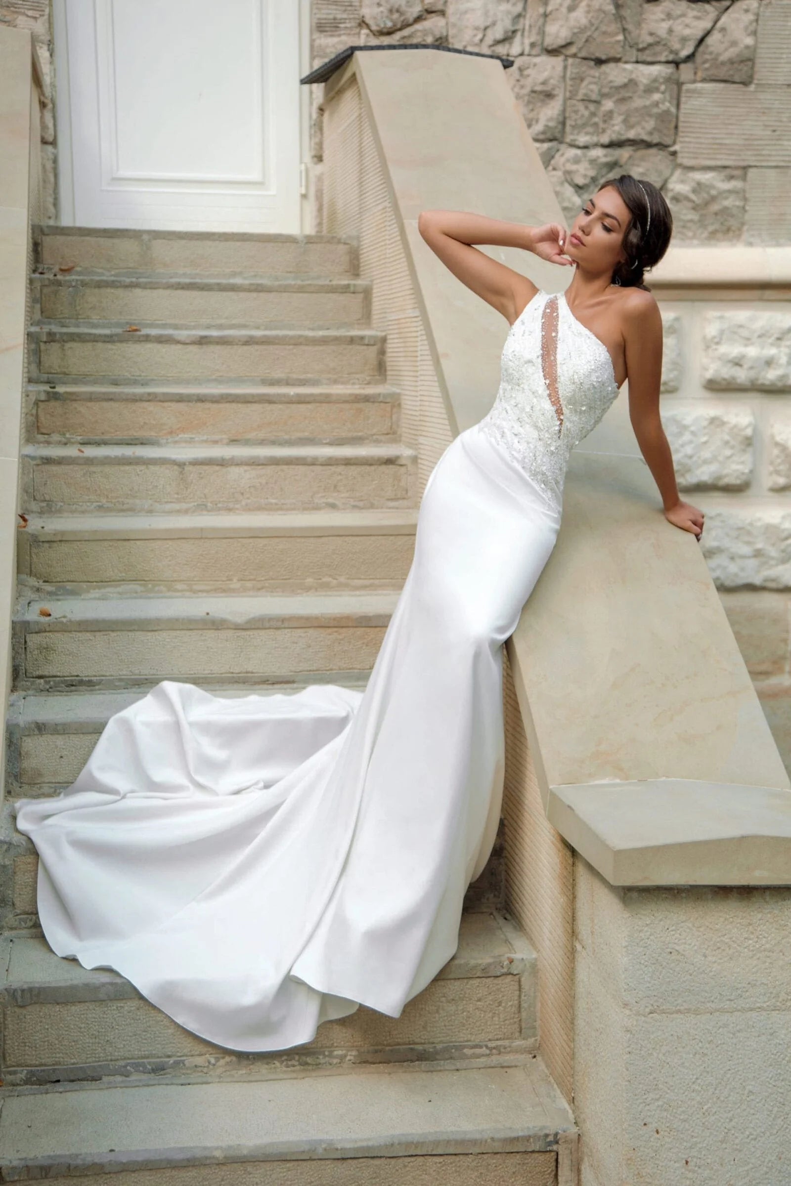 Sophisticated Minimalist Mermaid Wedding Dress with Asymmetric Neckline, Delicate Straps, and Elegant Lace Embellishments